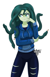 Size: 2600x4000 | Tagged: safe, artist:danmakuman, imported from derpibooru, oc, oc only, oc:medusa, monster girl, snake, equestria girls, clothes, female, hoodie, simple background, solo, transparent background