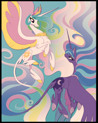 Size: 714x895 | Tagged: safe, artist:probablyfakeblonde, imported from derpibooru, princess celestia, princess luna, alicorn, pony, blue background, chest fluff, cloven hooves, colored hooves, colored wings, duo, ear fluff, ethereal mane, eye contact, eyeshadow, female, flying, hoof fluff, leg fluff, leonine tail, lidded eyes, looking at each other, makeup, mare, multicolored wings, royal sisters, siblings, simple background, sisters, smiling, spread wings, tail fluff, underhoof, unshorn fetlocks, wings