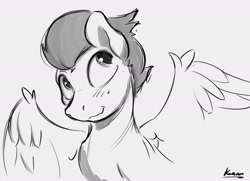 Size: 1774x1281 | Tagged: safe, artist:kam, imported from derpibooru, rumble, pegasus, pony, blushing, colt, gray background, grayscale, male, monochrome, simple background, solo, wings