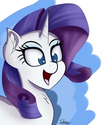 Size: 1024x1229 | Tagged: safe, artist:sadtrooper, imported from derpibooru, rarity, pony, unicorn, abstract background, bust, female, happy, mare, open mouth, portrait, signature, solo