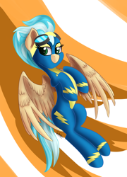 Size: 1080x1500 | Tagged: safe, artist:sadtrooper, imported from derpibooru, misty fly, pegasus, pony, abstract background, clothes, female, flying, goggles, mare, signature, solo, spread wings, uniform, wings, wonderbolts, wonderbolts uniform