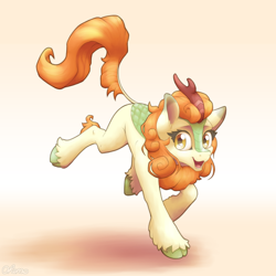 Size: 2000x2000 | Tagged: safe, artist:ohemo, imported from derpibooru, autumn blaze, kirin, atg 2019, awwtumn blaze, cloven hooves, cute, ear fluff, female, leonine tail, newbie artist training grounds, open mouth, smiling, solo