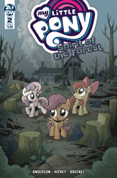 Size: 659x1000 | Tagged: safe, artist:brendahickey, idw, imported from derpibooru, apple bloom, scootaloo, sweetie belle, spoiler:comic, spoiler:comicspiritoftheforest02, cover, cutie mark crusaders, tree, tree stump