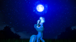 Size: 1920x1080 | Tagged: safe, artist:r-3399, imported from derpibooru, trixie, pony, 3d, female, full moon, glowing horn, horn, magic, moon, night, solo, source filmmaker