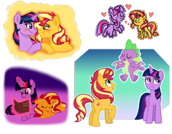 Size: 1024x799 | Tagged: safe, artist:doodledaydreamer, imported from derpibooru, spike, sunset shimmer, twilight sparkle, alicorn, dragon, earth pony, pony, blushing, book, female, floppy ears, glowing horn, heart, horn, lesbian, looking at each other, magic, male, mare, open mouth, raised hoof, reading, shipping, sketch, sketch dump, sleeping, snuggling, sunsetsparkle, telekinesis, twilight sparkle (alicorn), winged spike, wings