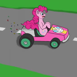 Size: 1000x1000 | Tagged: safe, artist:redquoz, imported from derpibooru, pinkie pie, earth pony, pony, confetti, crossover, driving, looking offscreen, mario kart, ponykart, racing, tongue out