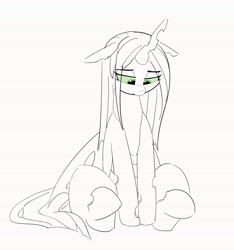 Size: 3826x4096 | Tagged: safe, artist:pabbley, imported from derpibooru, queen chrysalis, changeling, changeling queen, cute, cutealis, eye clipping through hair, female, floppy ears, looking down, monochrome, neo noir, partial color, sad, sadorable, simple background, sitting, solo, white background