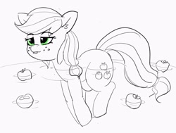 Size: 3319x2512 | Tagged: safe, artist:pabbley, imported from derpibooru, applejack, earth pony, pony, apple, bathing, ear fluff, female, floating, food, freckles, mare, monochrome, neo noir, partial color, relaxed, smiling, solo, that pony sure does love apples, tongue out, water