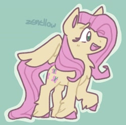 Size: 1713x1696 | Tagged: safe, artist:zemellow, imported from derpibooru, fluttershy, pegasus, pony, chest fluff, colored pupils, cute, female, green background, mare, open mouth, shyabetes, simple background, solo, unshorn fetlocks