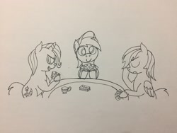 Size: 3264x2448 | Tagged: safe, artist:anxiouspon, imported from derpibooru, derpy hooves, rainbow dash, trixie, pony, card, eyes closed, facehoof, poker