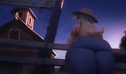 Size: 1200x706 | Tagged: safe, artist:maarthul, imported from derpibooru, applejack, human, applebucking thighs, applebutt, applejack's hat, ass, butt, cowboy hat, female, hat, humanized, large butt, rear view, solo, sweet apple acres, the ass was fat