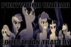 Size: 641x423 | Tagged: safe, edit, edited screencap, editor:undeadponysoldier, imported from derpibooru, screencap, applejack, fluttershy, pinkie pie, rainbow dash, rarity, spike, twilight sparkle, alicorn, dragon, pegasus, pony, unicorn, my little pony: the movie, album cover, american tragedy, badass, band, caption, female, hollywood undead, image macro, male, mane seven, mane six, mare, open mouth, parody, smiling, text, twilight sparkle (alicorn)