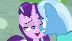 Size: 1280x720 | Tagged: safe, imported from derpibooru, screencap, starlight glimmer, trixie, pony, unicorn, student counsel, angry, boop, cute, duo, female, glare, lidded eyes, nervous, noseboop, ponyville, saddle bag, unamused