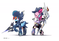 Size: 2000x1414 | Tagged: safe, artist:satv12, imported from derpibooru, pinkie pie, rainbow dash, earth pony, pegasus, pony, armor, bard, bow, dragoon, fantasy class, female, final fantasy, final fantasy xiv, hat, kain highwind, lance, one eye closed, weapon, wink