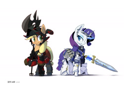 Size: 2000x1414 | Tagged: safe, artist:satv12, imported from derpibooru, applejack, rarity, earth pony, pony, unicorn, armor, armorarity, axe, badass, badass adorable, cute, duo, fantasy class, female, final fantasy, final fantasy xiv, jackabetes, knight, mare, paladin, raribetes, sword, warrior, weapon