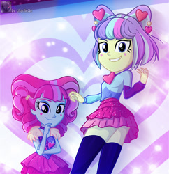 Size: 706x730 | Tagged: safe, artist:charliexe, imported from derpibooru, kiwi lollipop, supernova zap, equestria girls, equestria girls series, sunset's backstage pass!, spoiler:eqg series (season 2), clothes, k-lo, legs, miniskirt, postcrush, schrödinger's pantsu, skirt, socks, su-z, thigh highs, thighs, upskirt denied, zettai ryouiki