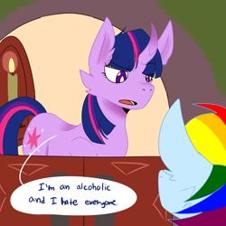 Size: 3000x3000 | Tagged: safe, artist:coociecat, imported from derpibooru, rainbow dash, twilight sparkle, pegasus, pony, unicorn, mentally advanced series, rainbow dash presents, alcoholic, cheek fluff, curved horn, dialogue, door, duo, duo female, ear fluff, eye clipping through hair, eyebrows, eyebrows visible through hair, female, golden oaks library, high res, horn, mare, open mouth, scene interpretation, sidemouth, speech bubble, unicorn twilight