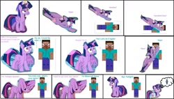 Size: 1185x674 | Tagged: safe, artist:mlpcutecrossovers, edit, edited screencap, imported from derpibooru, screencap, pinkie pie, rainbow dash, twilight sparkle, alicorn, amending fences, every little thing she does, horse play, the point of no return, trade ya, 1000 hours in ms paint, blushing, comic, cropped, crossover, crossover shipping, falling, female, male, minecraft, op is a duck, shipping, shocked, shy, simple background, smiling, steve, stevelight, straight, surprised, thinking, twilight sparkle (alicorn), walking, white background