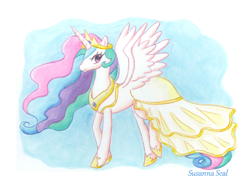 Size: 900x667 | Tagged: safe, artist:cherubfish, imported from derpibooru, princess celestia, alicorn, pony, abstract background, clothes, dress, female, jewelry, looking at you, mare, regalia, smiling, solo, spread wings, traditional art, wedding dress, wings