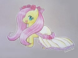 Size: 600x450 | Tagged: safe, artist:cherubfish, imported from derpibooru, fluttershy, butterfly, pony, chibi, clothes, dress, female, floral head wreath, flower, gray background, looking at you, mare, open mouth, sidemouth, simple background, smiling, solo, traditional art, wedding dress