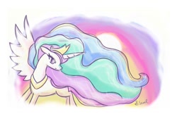 Size: 800x572 | Tagged: safe, artist:cherubfish, imported from derpibooru, princess celestia, alicorn, pony, ethereal mane, female, jewelry, mare, one wing out, regalia, simple background, solo, sun, white background