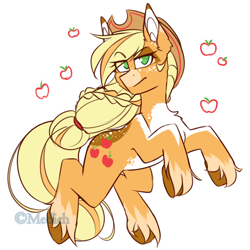 Size: 1400x1400 | Tagged: safe, artist:mediasmile666, edit, imported from derpibooru, part of a set, applejack, earth pony, pony, apple, coat markings, cropped, cutie mark, eye clipping through hair, female, food, lidded eyes, looking at you, mare, rearing, redesign, sidemouth, simple background, solo, unshorn fetlocks, white background