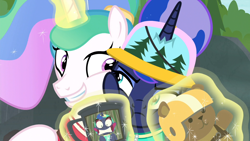 Size: 1920x1080 | Tagged: safe, imported from derpibooru, screencap, princess celestia, princess luna, alicorn, pony, between dark and dawn, cheek squish, cute, cutelestia, faic, female, hat, horn, horn impalement, looking at each other, luna is not amused, lunabetes, mare, royal sisters, siblings, sisters, squishy cheeks, toy, unamused