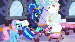 Size: 1920x1080 | Tagged: safe, imported from derpibooru, screencap, bulk biceps, lotus blossom, princess luna, alicorn, earth pony, pony, between dark and dawn, 80s, 80s princess luna, bulkabetes, cute, fabulous, female, lunabetes, mare, sitting