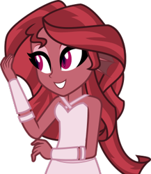 Size: 323x372 | Tagged: safe, artist:mlp-trailgrazer, imported from derpibooru, oc, oc only, oc:mezma, equestria girls, alternate hairstyle, clothes, disguise, disguised siren, dress, equestria girls-ified, female, implied sunset shimmer, simple background, sleeveless, smiling, solo, species swap, transparent background