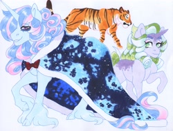 Size: 3936x2981 | Tagged: safe, artist:frozensoulpony, imported from derpibooru, oc, oc only, oc:kiyoko, oc:somber soliloquy, big cat, pony, tiger, unicorn, cloak, clothes, female, male, mare, offspring, parent:mistmane, parent:star swirl the bearded, parent:twilight sparkle, parents:mistswirl, parents:twiswirl, stallion, traditional art