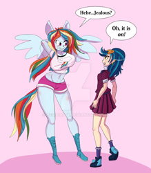Size: 800x914 | Tagged: dead source, safe, artist:peribooty, imported from derpibooru, indigo zap, rainbow dash, equestria girls, amazon, arm behind head, big breasts, breast envy, breasts, busty rainbow dash, deviantart watermark, duo, duo female, female, height difference, incentive drive, midriff, obtrusive watermark, pink background, ponied up, sexy, simple background, speech bubble, stupid sexy rainbow dash, watermark
