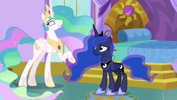 Size: 1920x1080 | Tagged: safe, imported from derpibooru, screencap, princess celestia, princess luna, pony, between dark and dawn, bed