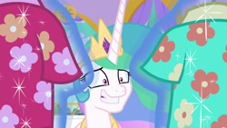 Size: 1920x1080 | Tagged: safe, imported from derpibooru, screencap, princess celestia, pony, between dark and dawn, clothes, faic, female, hawaiian shirt, implied princess luna, magic, magic aura, mare, shirt, telekinesis