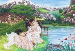 Size: 1280x885 | Tagged: safe, artist:scootiegp, imported from derpibooru, oc, pegasus, pony, unicorn, blushing, building, bush, couple, forest, grass, lake, lying, medieval, mountain, oc x oc, shipping, traditional art, tree, village, water