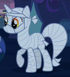 Size: 270x300 | Tagged: safe, imported from derpibooru, screencap, lyra heartstrings, pony, unicorn, luna eclipsed, season 2, clothes, costume, cropped, female, mare, mummy, mummy costume, nightmare night costume, outfit catalog, raised hoof, solo