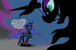 Size: 3000x2000 | Tagged: safe, artist:tunrae, imported from derpibooru, nightmare moon, princess luna, alicorn, pony, atg 2019, newbie artist training grounds, simple background, size difference, speech bubble