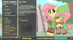 Size: 4800x2638 | Tagged: safe, artist:graphene, imported from derpibooru, fluttershy, crab, pegasus, pony, armor, atg 2019, cute, female, healer, mudcrab, newbie artist training grounds, shyabetes, solo, staff, the elder scrolls, video game