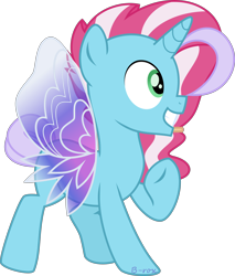 Size: 1024x1204 | Tagged: safe, artist:babyroxasman, imported from derpibooru, oc, oc only, oc:harmony royal, pony, butterfly wings, male, pointing at self, simple background, smiling, solo, summerwing pony, teenager, transparent background, wings