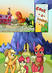Size: 1201x1700 | Tagged: safe, artist:tarkron, imported from derpibooru, apple bloom, applejack, big macintosh, twilight sparkle, alicorn, bird, earth pony, pony, comic:ghosts of the past, apple siblings, cock-a-doodle-doo, comic, female, filly, male, mare, no dialogue, rooster, stallion, sunrise, sweet apple acres, twilight sparkle (alicorn), twilight's castle, waving