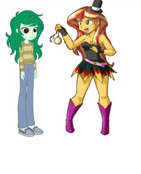 Size: 1171x1452 | Tagged: safe, deleted from derpibooru, imported from derpibooru, sunset shimmer, wallflower blush, equestria girls, 1000 hours in ms paint, boots, clothes, cute, hat, hypno eyes, hypnosis, hypnotized, pendulum swing, pocket watch, sexy, shoes, solo, swirly eyes