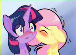 Size: 800x580 | Tagged: safe, artist:provolonepone, imported from derpibooru, fluttershy, twilight sparkle, pegasus, pony, unicorn, blushing, female, floppy ears, kissing, lesbian, nervous, shipping, twishy, unicorn twilight