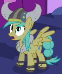 Size: 293x348 | Tagged: safe, imported from derpibooru, screencap, sunshower raindrops, pegasus, pony, luna eclipsed, background pony, clothes, costume, cropped, female, helmet, horned helmet, mare, nightmare night costume, outfit catalog, solo, spread wings, viking, viking helmet, wings