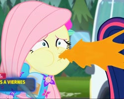 Size: 1214x972 | Tagged: safe, edit, edited screencap, imported from derpibooru, screencap, fluttershy, sci-twi, twilight sparkle, equestria girls, equestria girls series, sunset's backstage pass!, spoiler:eqg series (season 2), clothes, cropped, solo focus, spit take