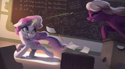 Size: 3940x2160 | Tagged: safe, artist:vanillaghosties, imported from derpibooru, cheerilee, sweetie belle, earth pony, pegasus, pony, unicorn, abuse, atg 2019, blatant lies, chalkboard, chase, cheeribuse, cheerilee is not amused, cheerilee is unamused, cutie mark, female, filly, fortnite, glowing horn, high res, horn, imminent spanking, implied sugarmac, magic, mare, newbie artist training grounds, paper, pencil, running, sweetie belle's magic brings a great big smile, sweetie fail, telekinesis, the cmc's cutie marks, this will end in death, this will end in detention, this will end in tears, this will end in tears and/or death