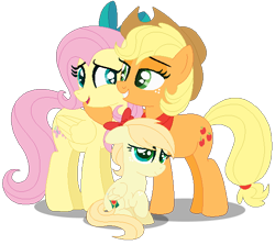 Size: 570x508 | Tagged: safe, artist:awoomarblesoda, imported from derpibooru, applejack, fluttershy, oc, oc:apple juice, pegasus, pony, appleshy, female, filly, lesbian, magical lesbian spawn, offspring, parent:applejack, parent:fluttershy, parents:appleshy, shipping, simple background, transparent background