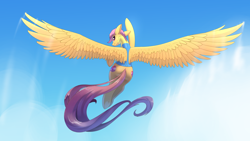 Size: 3840x2160 | Tagged: safe, artist:underpable, imported from derpibooru, scootaloo, pegasus, pony, 4k, atg 2019, back, both cutie marks, clothes, female, flying, high res, large wings, looking at you, looking back, looking back at you, newbie artist training grounds, scootaloo can fly, smiling, solo, spread wings, underhoof, uniform, wallpaper, wings, wonderbolt trainee uniform