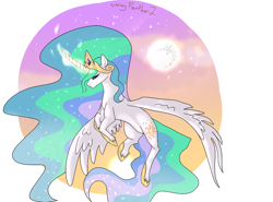 Size: 1200x890 | Tagged: safe, artist:sunniesfunthecupcake, imported from derpibooru, princess celestia, alicorn, pony, crying, curved horn, female, horn, mare, mare in the moon, moon, solo, spread wings, wings