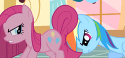 Size: 1335x620 | Tagged: safe, imported from derpibooru, screencap, pinkie pie, rainbow dash, earth pony, pegasus, pony, party of one, season 1, angry, animated, butt, cute, female, gif, gritted teeth, mare, out of context, pinkamena diane pie, pushing, reversed, rump push