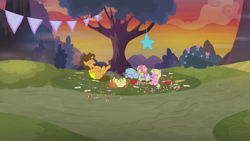 Size: 1920x1080 | Tagged: safe, imported from derpibooru, screencap, cheese sandwich, indian summer, kettle corn, lilac ice, raspberry cream, earth pony, pony, unicorn, the last laugh, female, filly, foal, laughing, male, piñata, stallion, sunset, tree