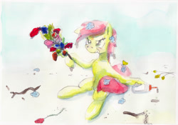 Size: 2000x1400 | Tagged: safe, artist:mandumustbasukanemen, imported from derpibooru, roseluck, pony, atg 2019, female, flower, flower in hair, glue, newbie artist training grounds, solo, stick, traditional art